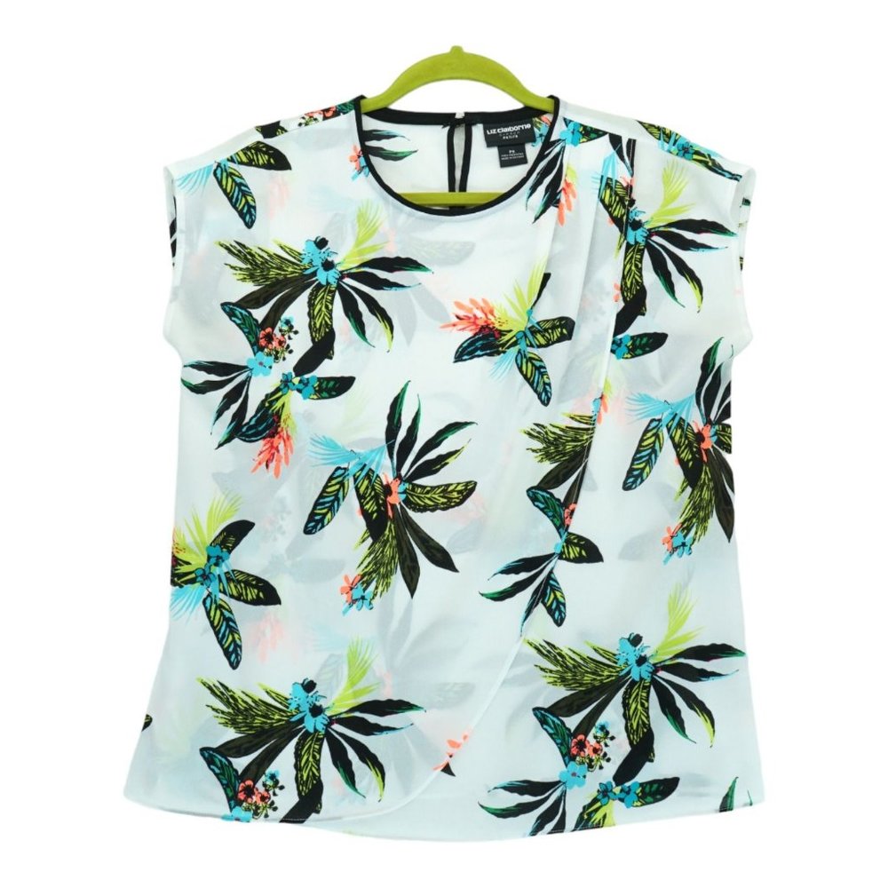 Liz Claiborne White Hawaiian Floral Print Top Blouse Drape Size PS